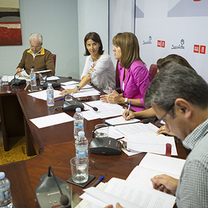 Begoa Gil, Secretaria de Poltica Institucional del PSE-EE durante una reunin con Idoia Mendia y alcaldes socialistas vascos. [Foto: Socialistas Vascos]