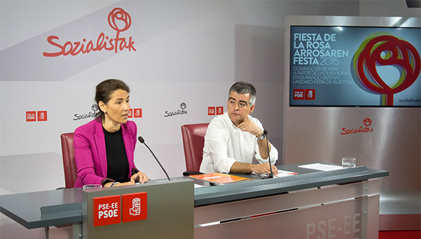 Miguel ngel Morales, Secretario de Organizacin del PSE-EE, y Begoa Gil, Secretaria de Polticas Institucionales del PSE-EE, durante la rueda de prensa en la que han presentado los detalles de la Fiesta de la Rosa 2015. [Foto: Socialistas Vascos]